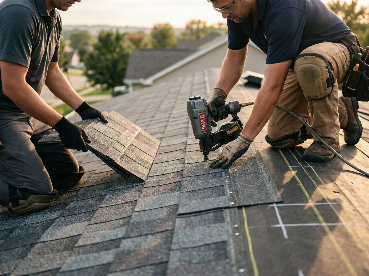 Professional roofer working on a residential roof in Huber Heights